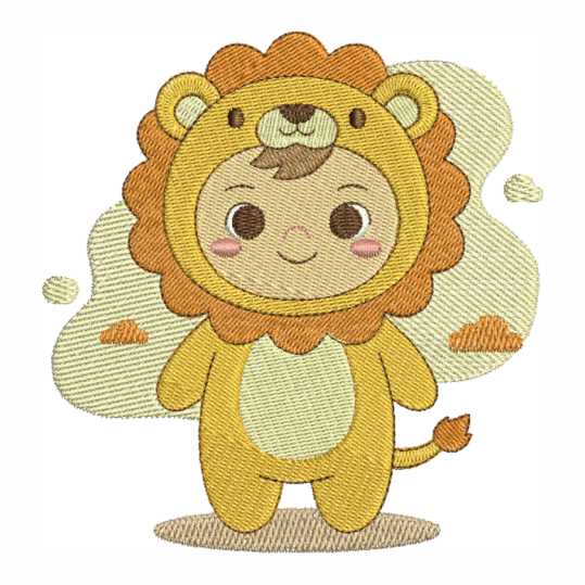 Matriz de bordado computadorizado de bebê vestido de leãozinho, ideal para enxoval de bebê e personalização de bodys infantis.