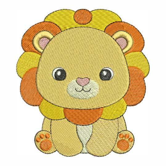 Matriz de bordado computadorizado leãozinho colorido e alegre, ideal para enxoval de bebê moderno e itens infantis personalizados.