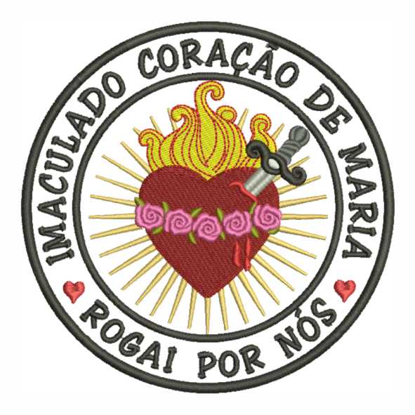 Com fe e devocao, matriz de bordado honra Imaculada Coracao de Maria rogai por nos sempre